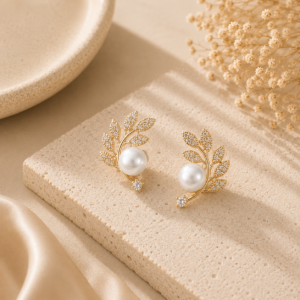 Sylvia Crystal Leaf Pearl Stud Earrings